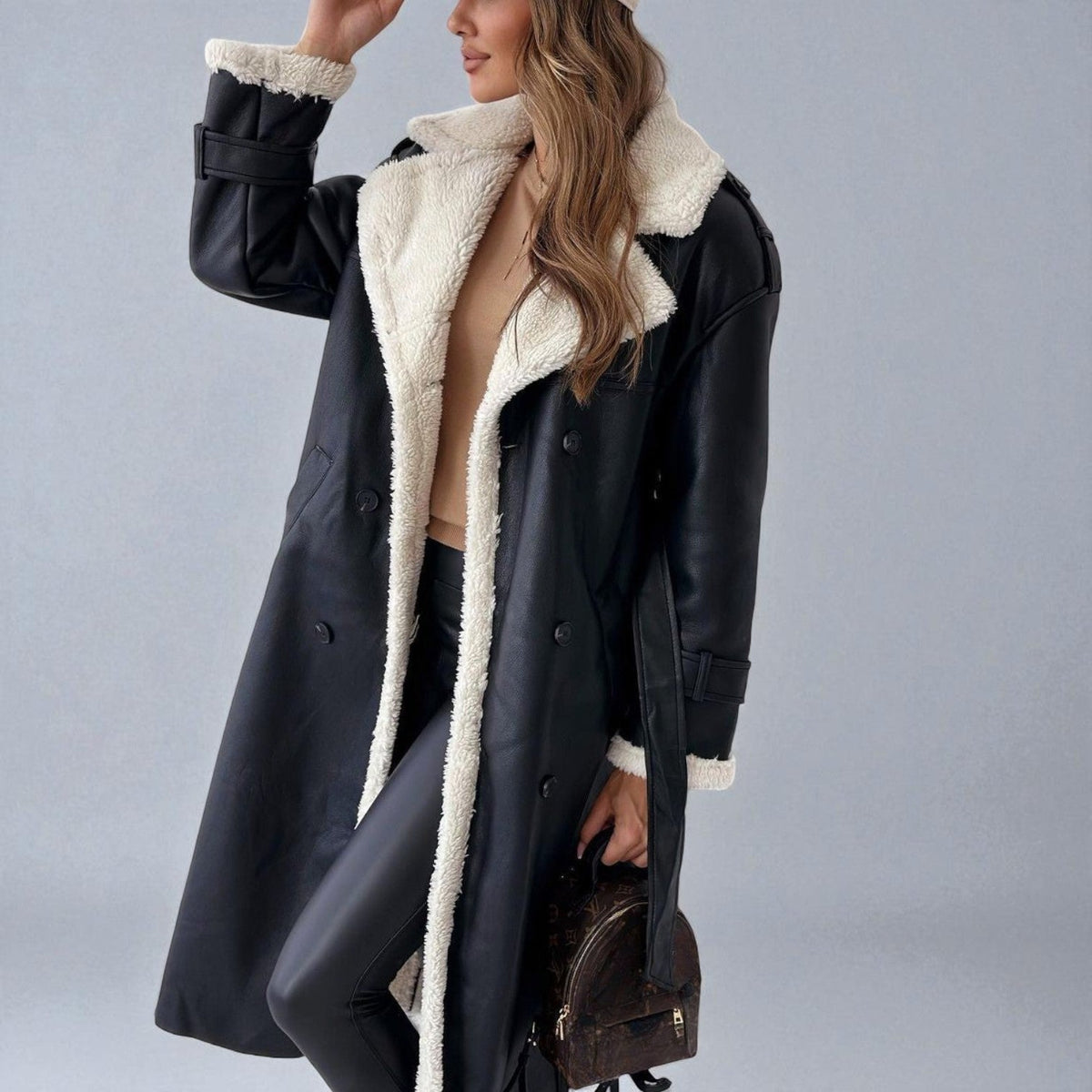 Mara Womens Long Teddy Coat with Belt in Black