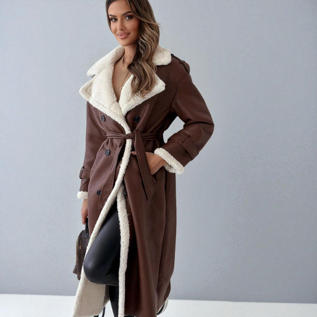 Mara Womens Long Teddy Coat with Belt