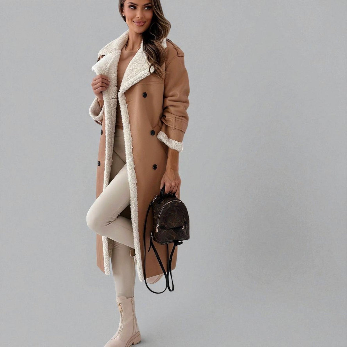 Mara Womens Long Teddy Coat with Belt