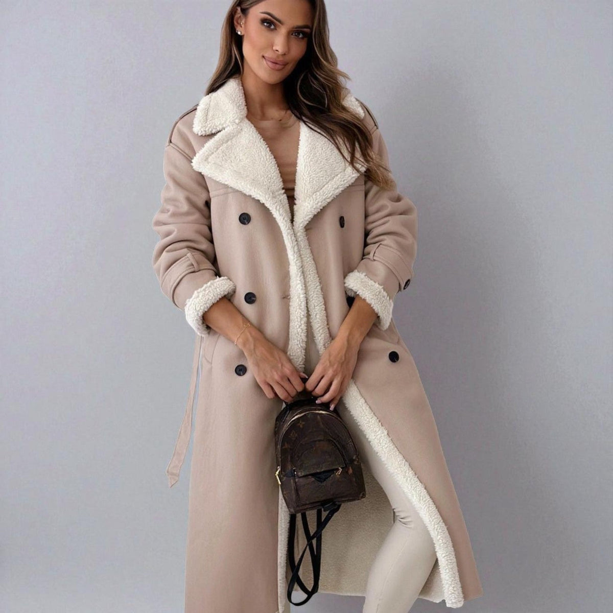 Mara Womens Long Teddy Coat with Belt