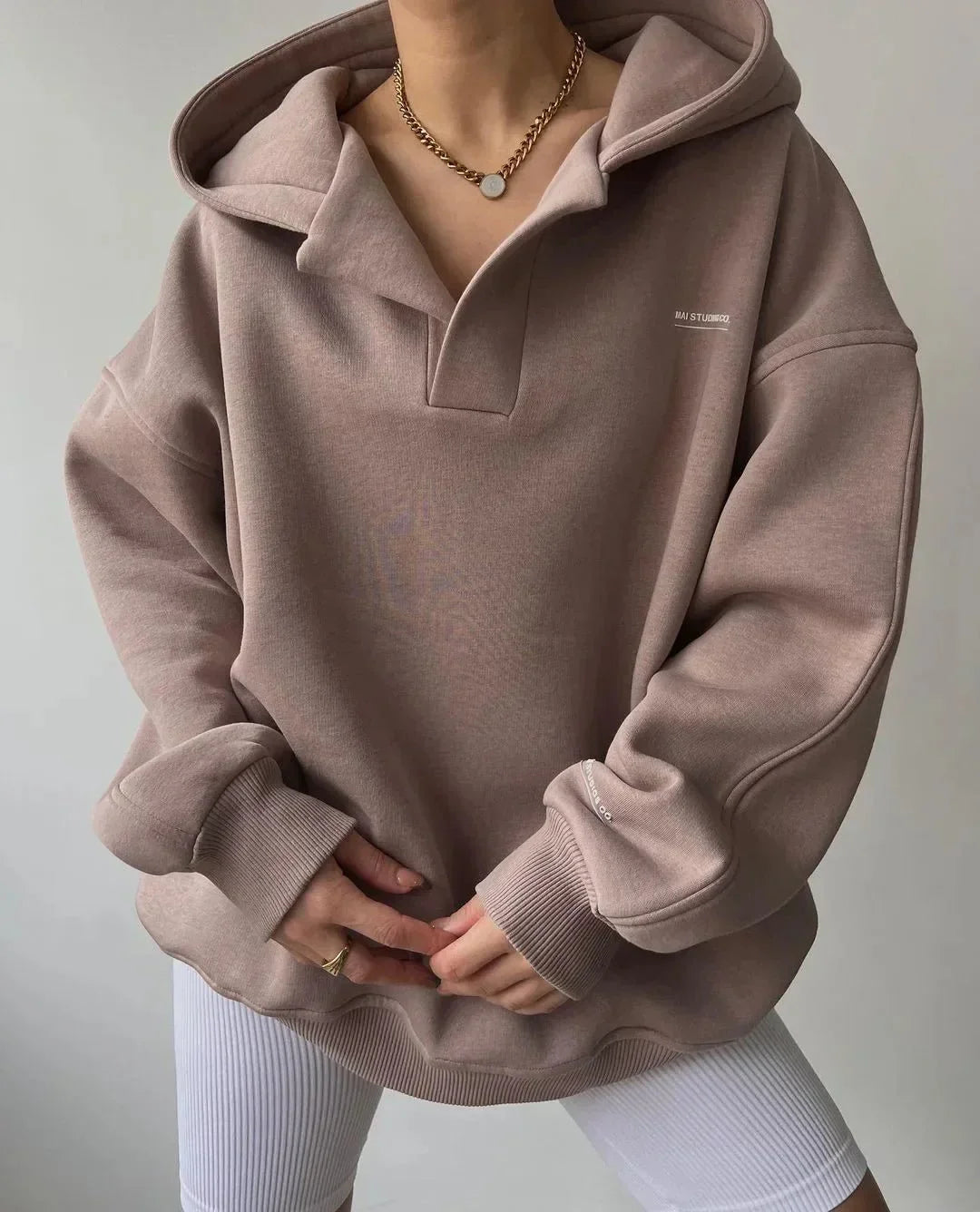 Candice Womens Oversized Pullover Hoodie with Notch Neck in Pinkish Gray