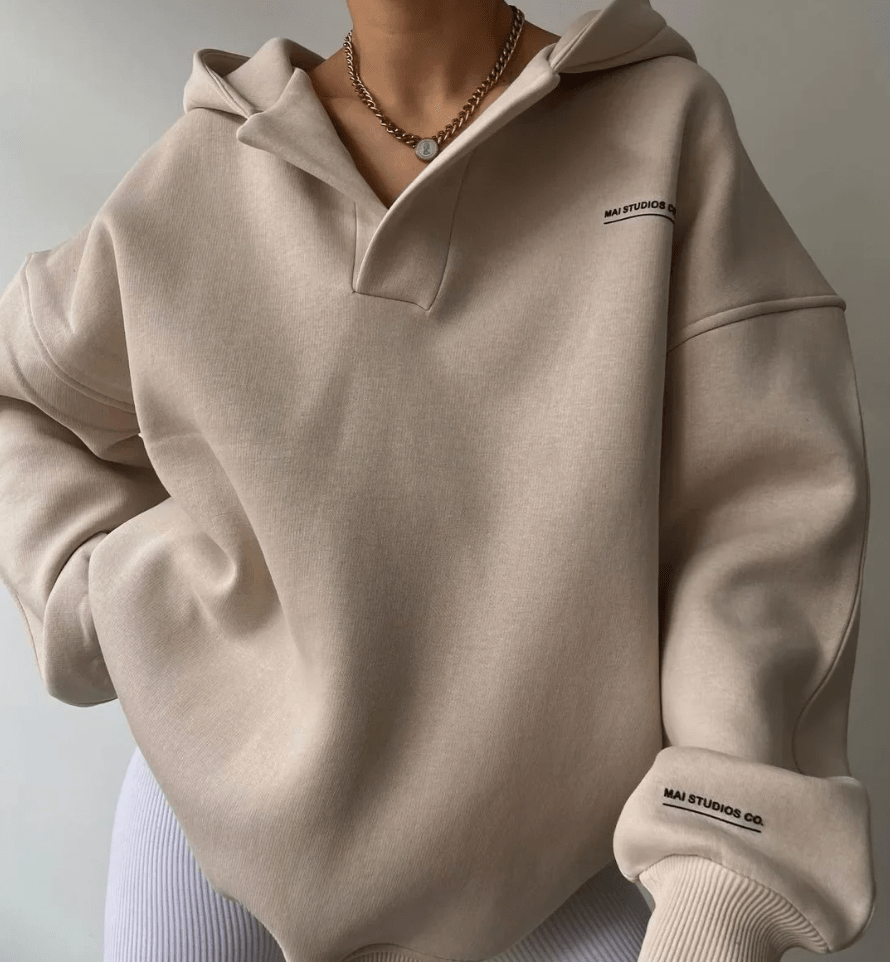 Candice Womens Oversized Pullover Hoodie with Notch Neck in Beige