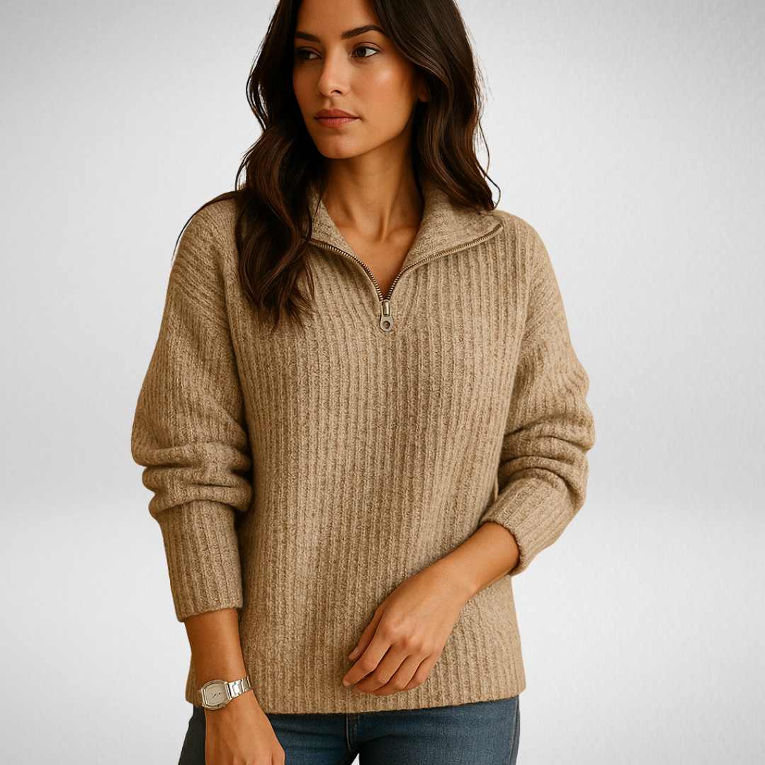 Marlena | Women's Half-Zip Ribbed Knit Sweater — Camel Layering Pullover with Adjustable Collar | Westmere