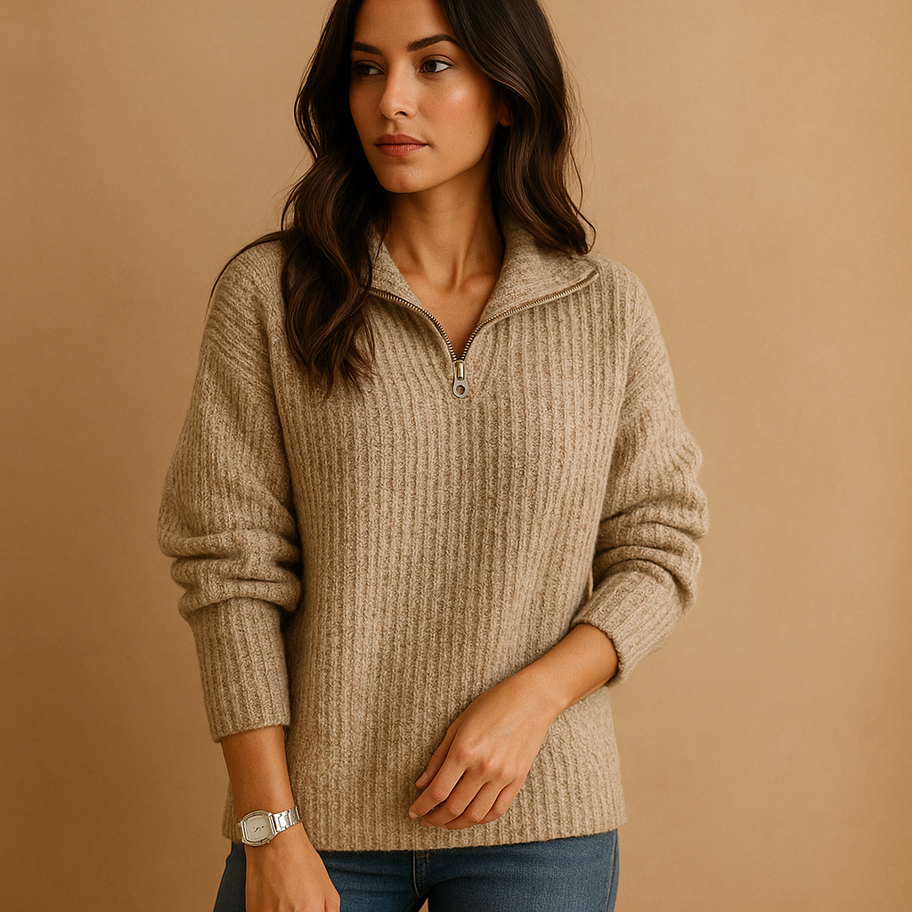 Marlena | Women's Half-Zip Ribbed Knit Sweater — Camel Layering Pullover with Adjustable Collar | Westmere