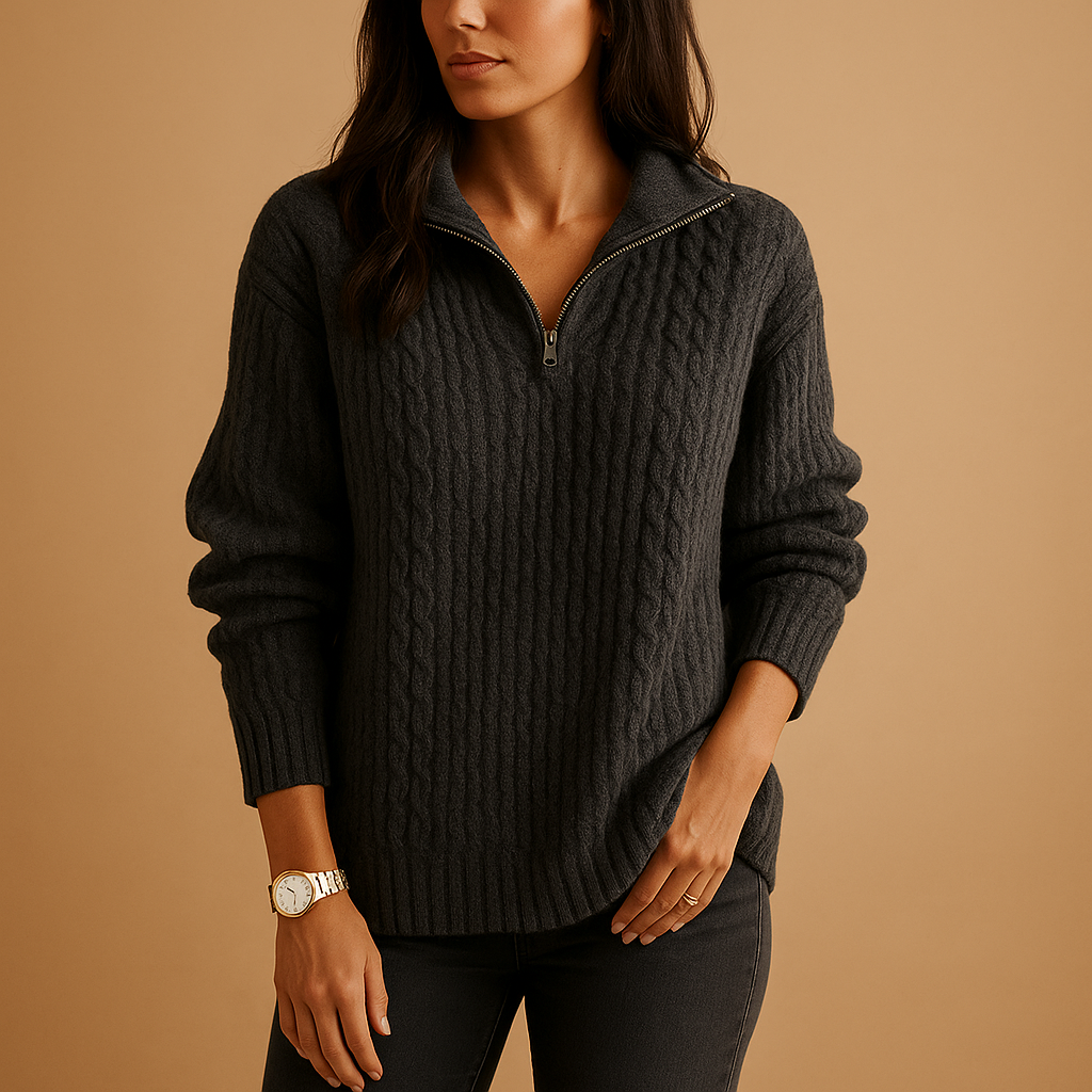 Marlena | Women's Half-Zip Ribbed Knit Sweater — Camel Layering Pullover with Adjustable Collar | Westmere