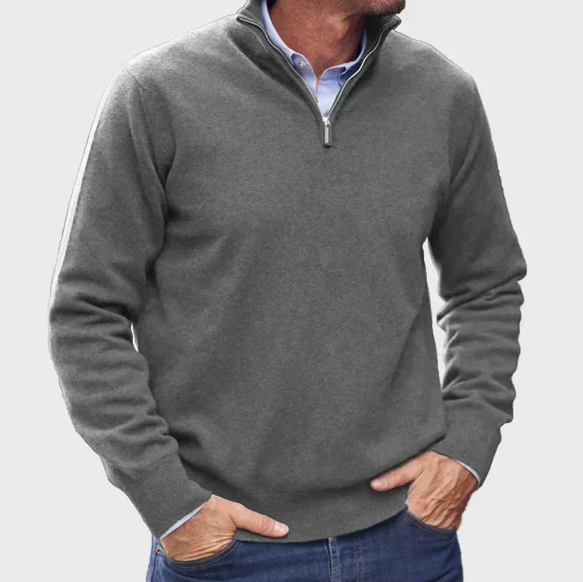 Nicholas Mens Zip Neck Sweater with Stand Collar in Gray