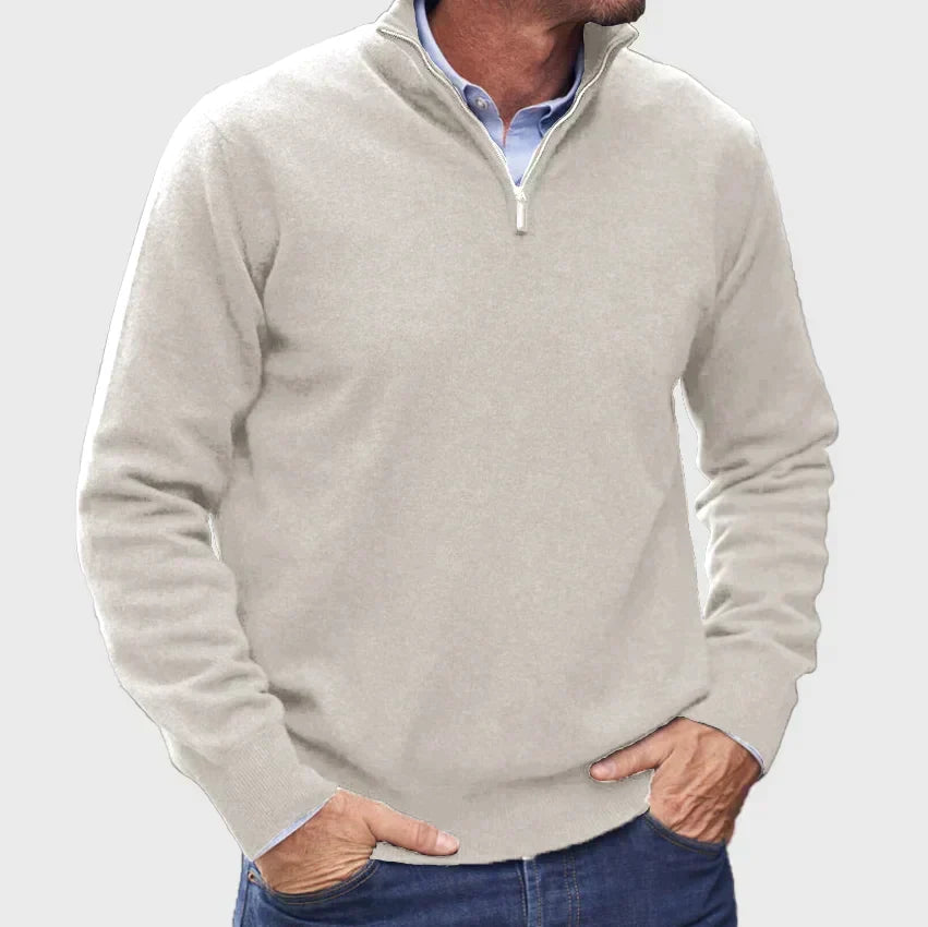 Nicholas Mens Zip Neck Sweater with Stand Collar in Light Gray