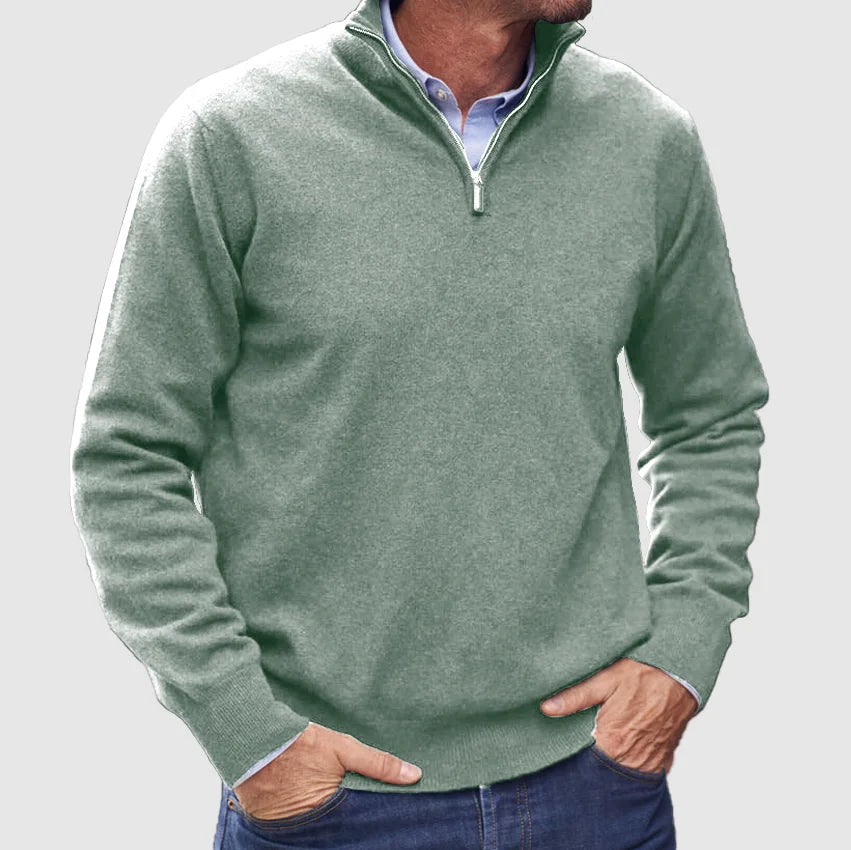 Nicholas Mens Zip Neck Sweater with Stand Collar in Light Green