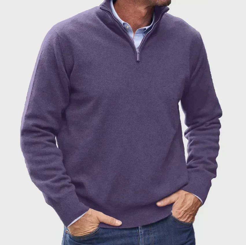 Nicholas Mens Zip Neck Sweater with Stand Collar in Purple