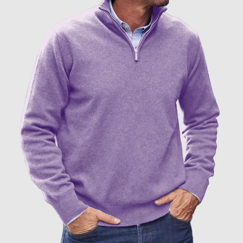 Nicholas Mens Zip Neck Sweater with Stand Collar in Violet