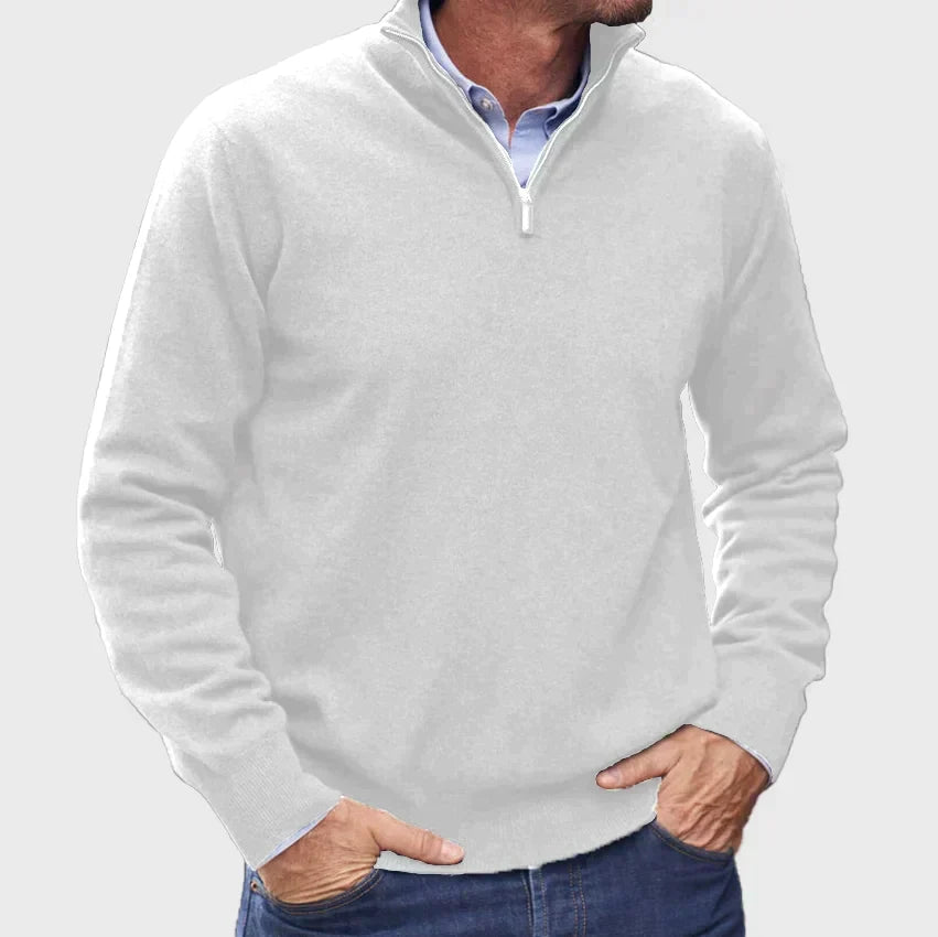 Nicholas Mens Zip Neck Sweater with Stand Collar in White