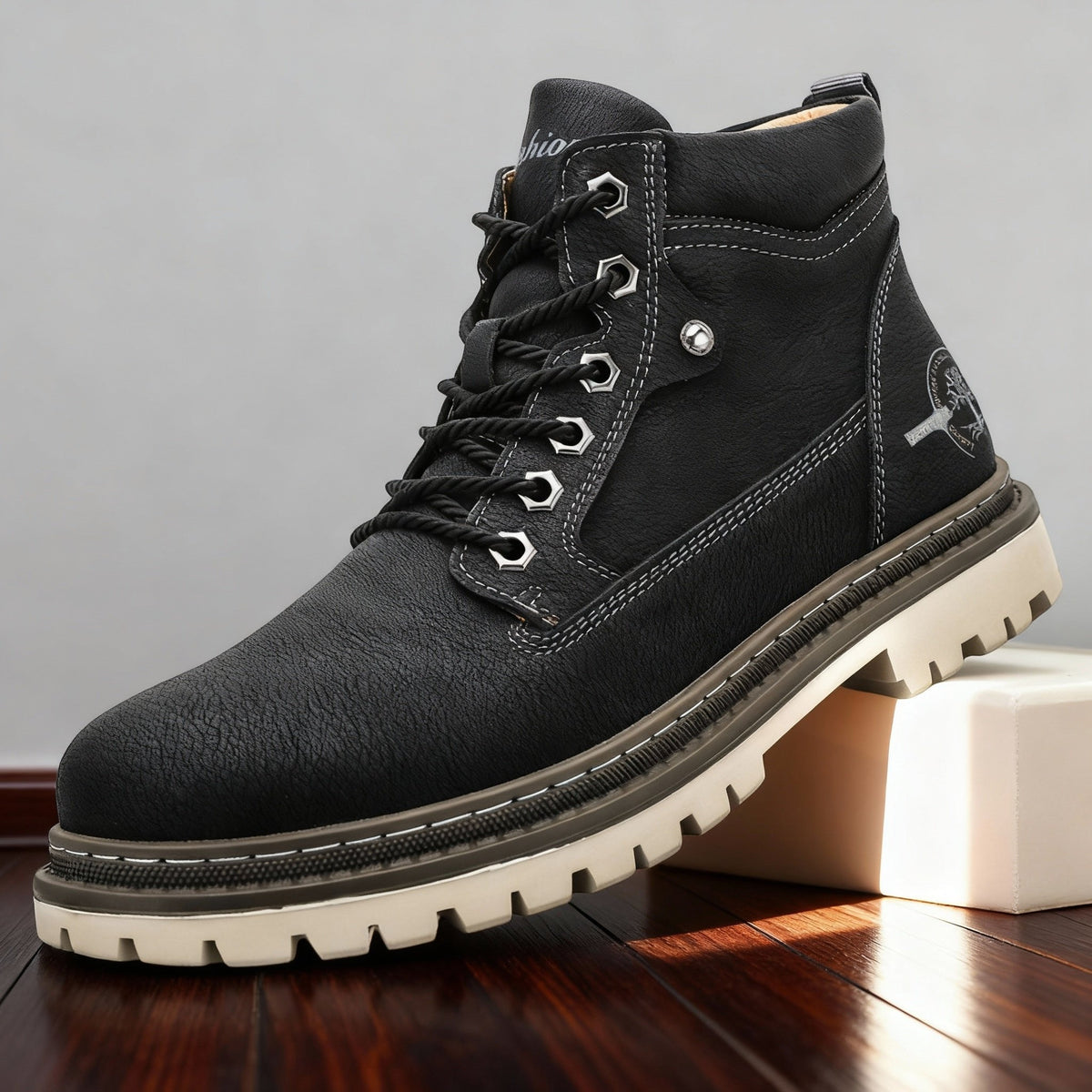 Greg Mens Leather Work Boots, Lace-Up in Black