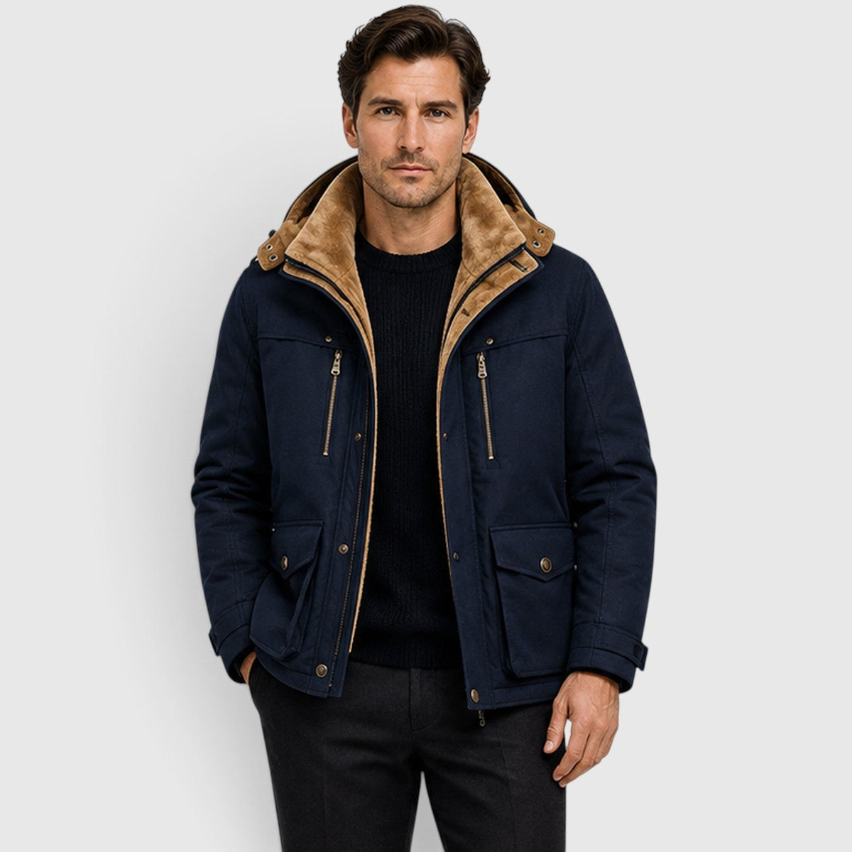 Blake Mens Multi-Pocket Winter Jacket with Fleece Lining in Navy
