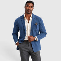 Logan | Mens Knit Blazer Jacket, Notched Lapel | Knit Polyester Blend, Button Front, Pockets | Blue, Beige and More M-3XL