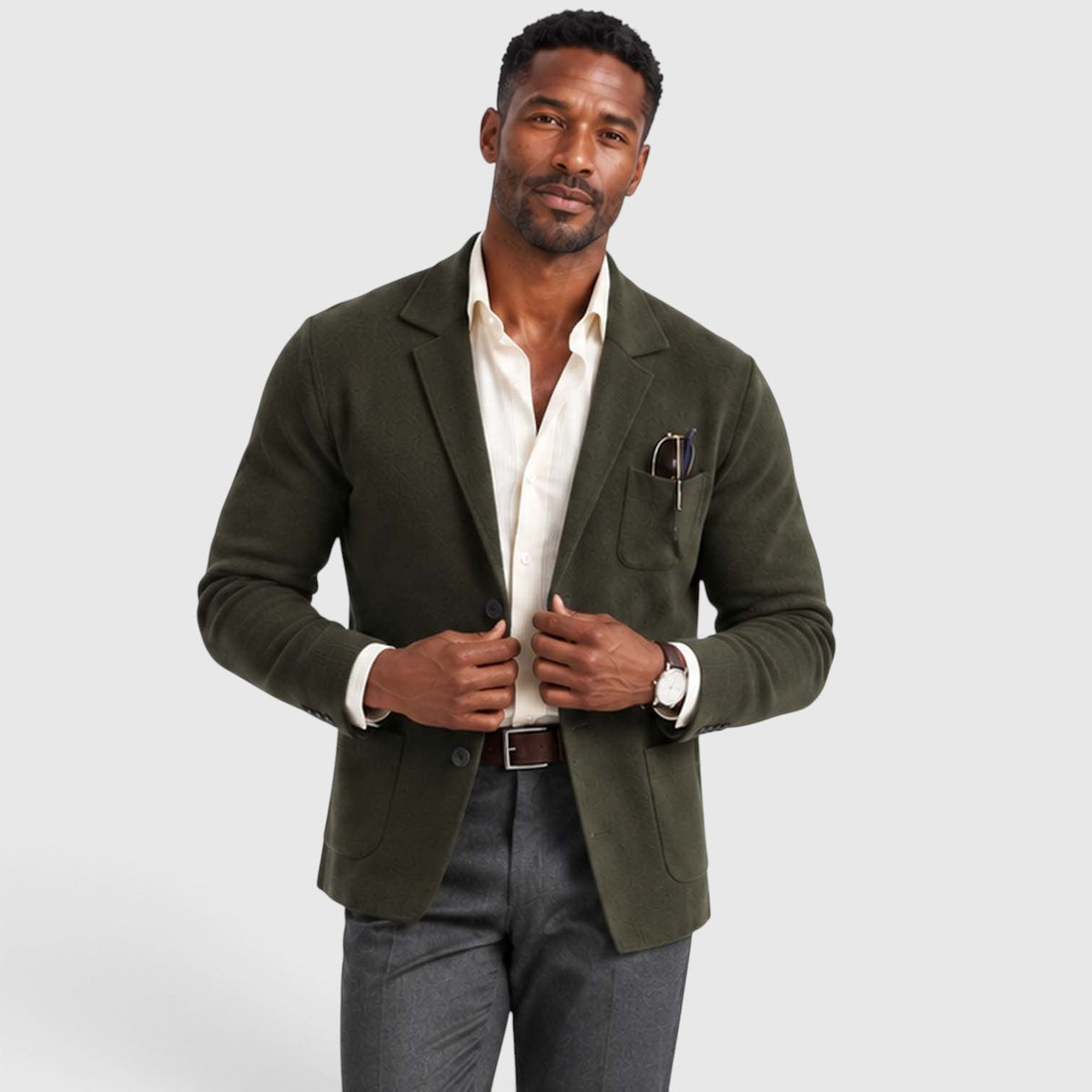 Logan Mens Knit Blazer Jacket, Notched Lapel in Dark Green