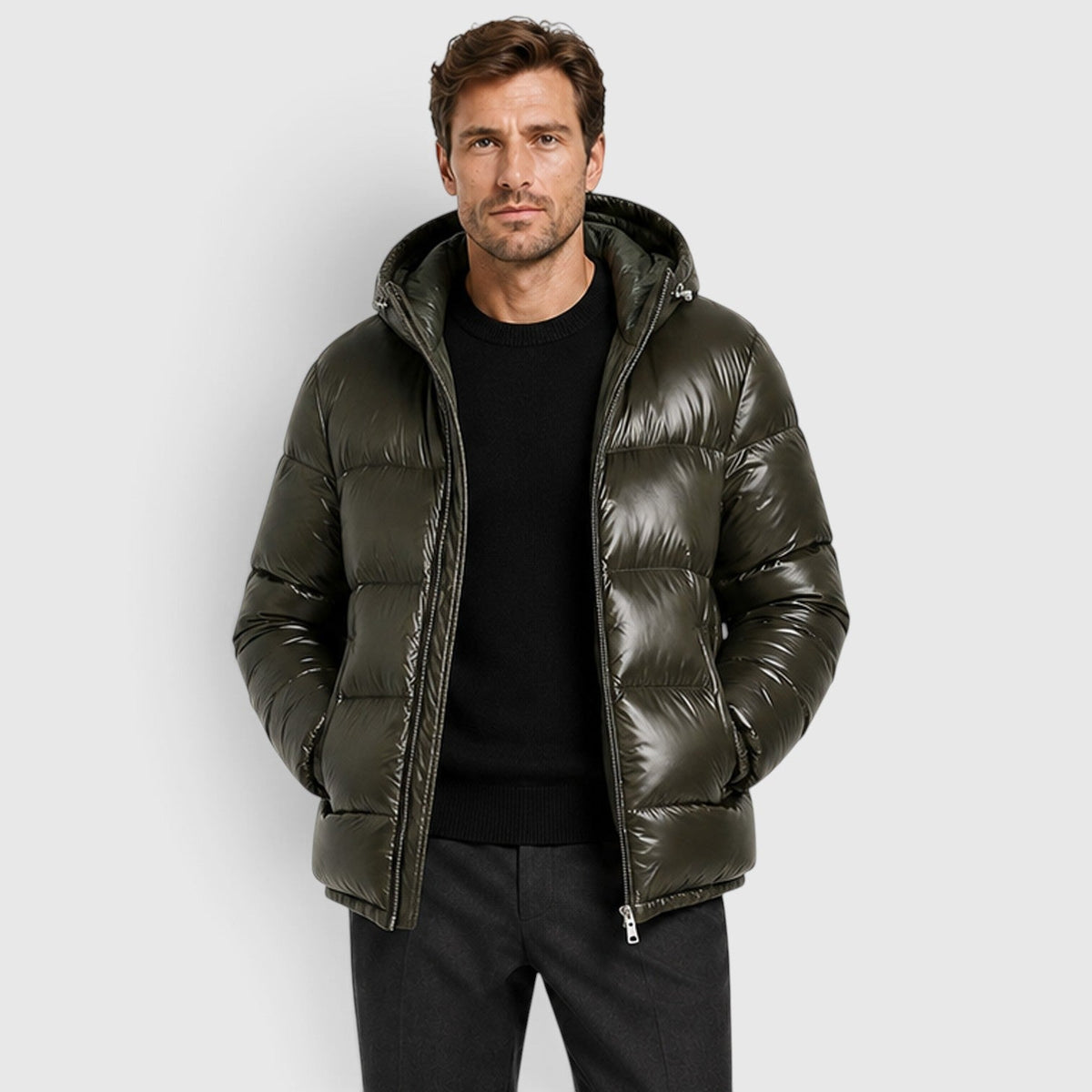 Brett Mens Hooded Puffer Jacket in Army Green