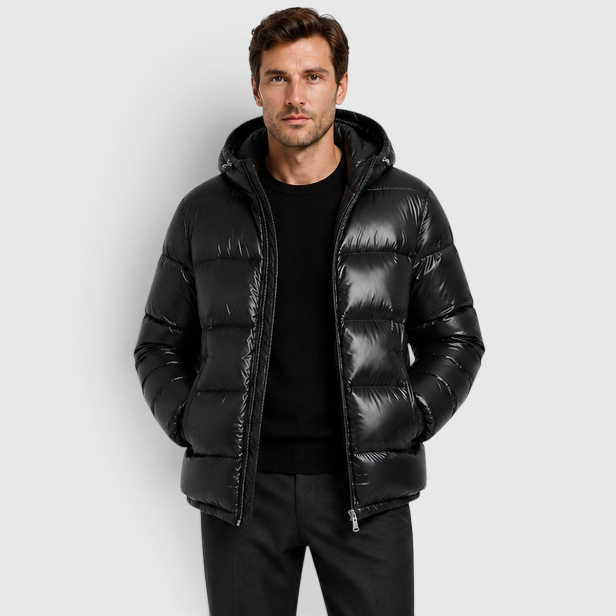Brett Mens Hooded Puffer Jacket in Black