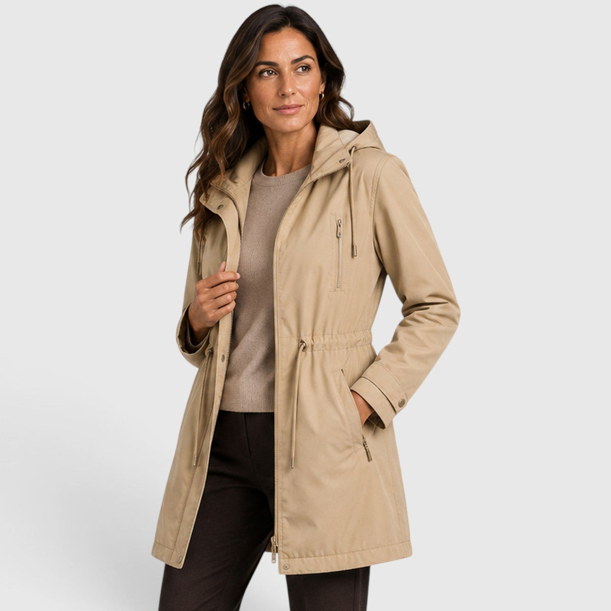 Yolanda Womens Mid-Length Cotton Coat for Spring and Fall in Khaki