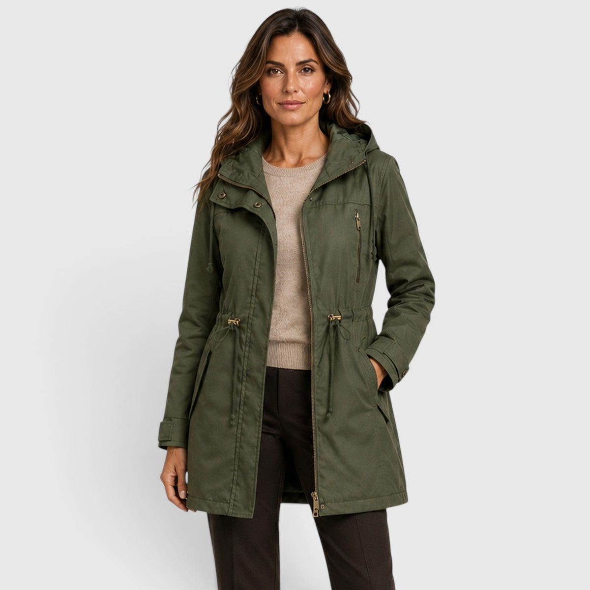 Yolanda Womens Mid-Length Cotton Coat for Spring and Fall in Olive Green