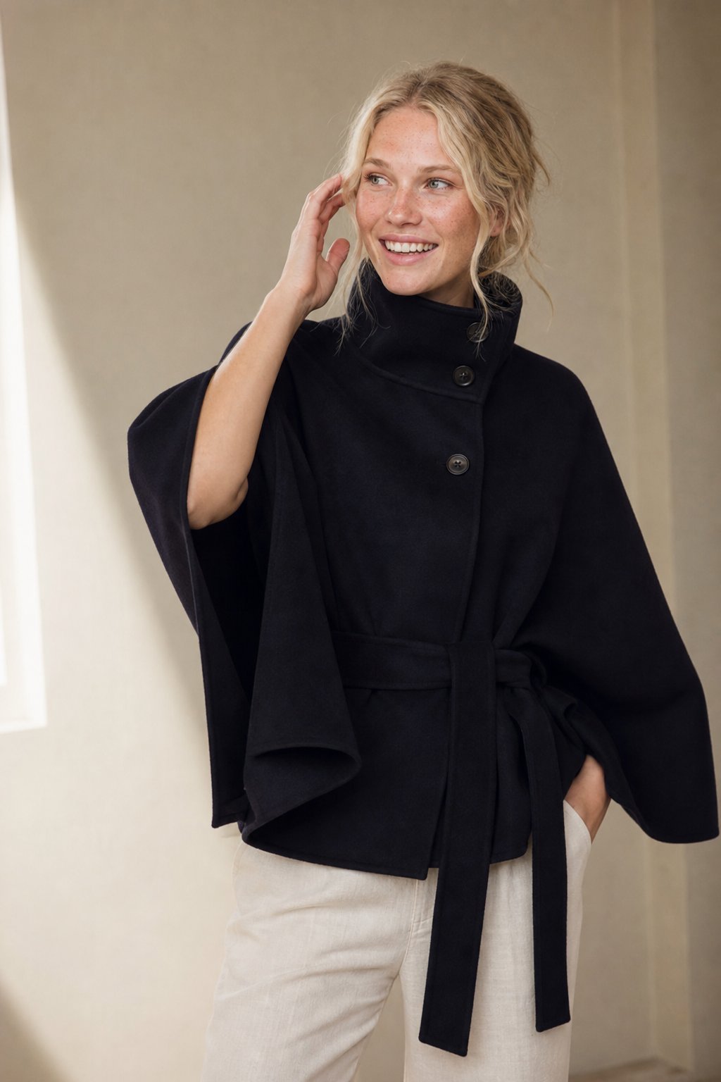 Leslie Womens Wool Blend Cape Coat with Belted Waist