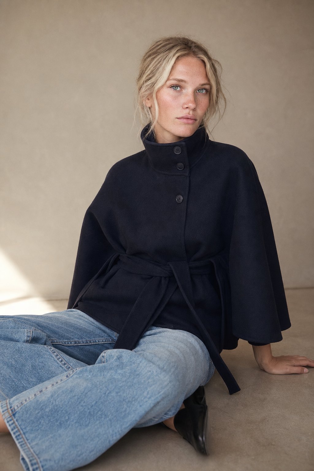 Leslie Womens Wool Blend Cape Coat with Belted Waist in Navy