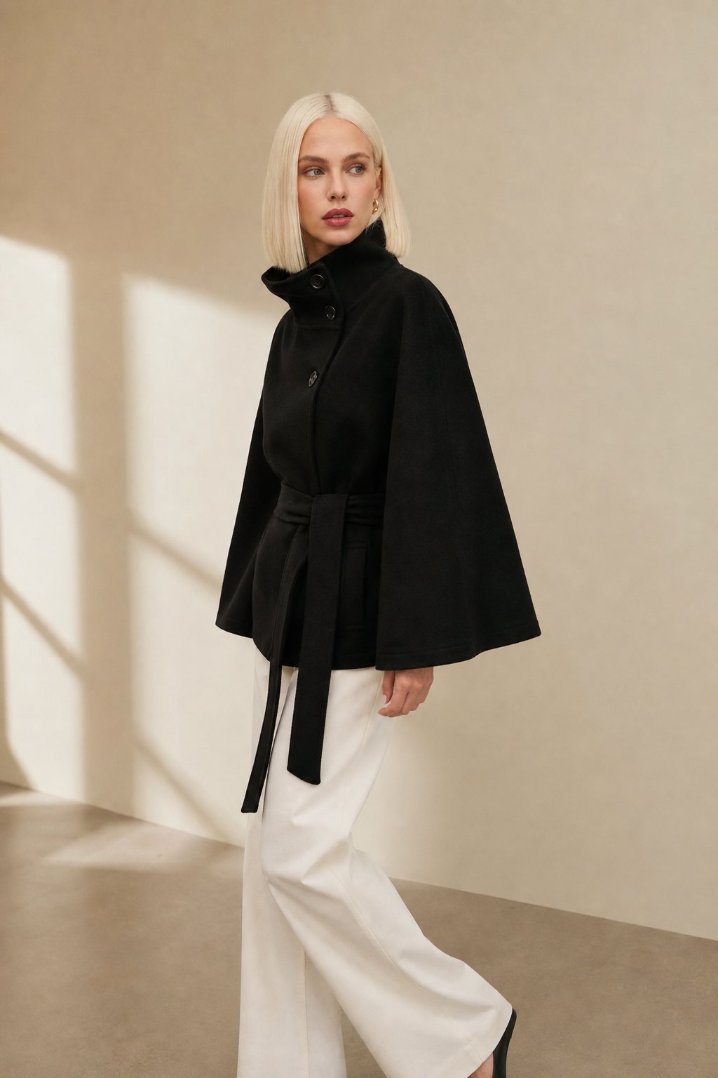 Leslie Womens Wool Blend Cape Coat with Belted Waist