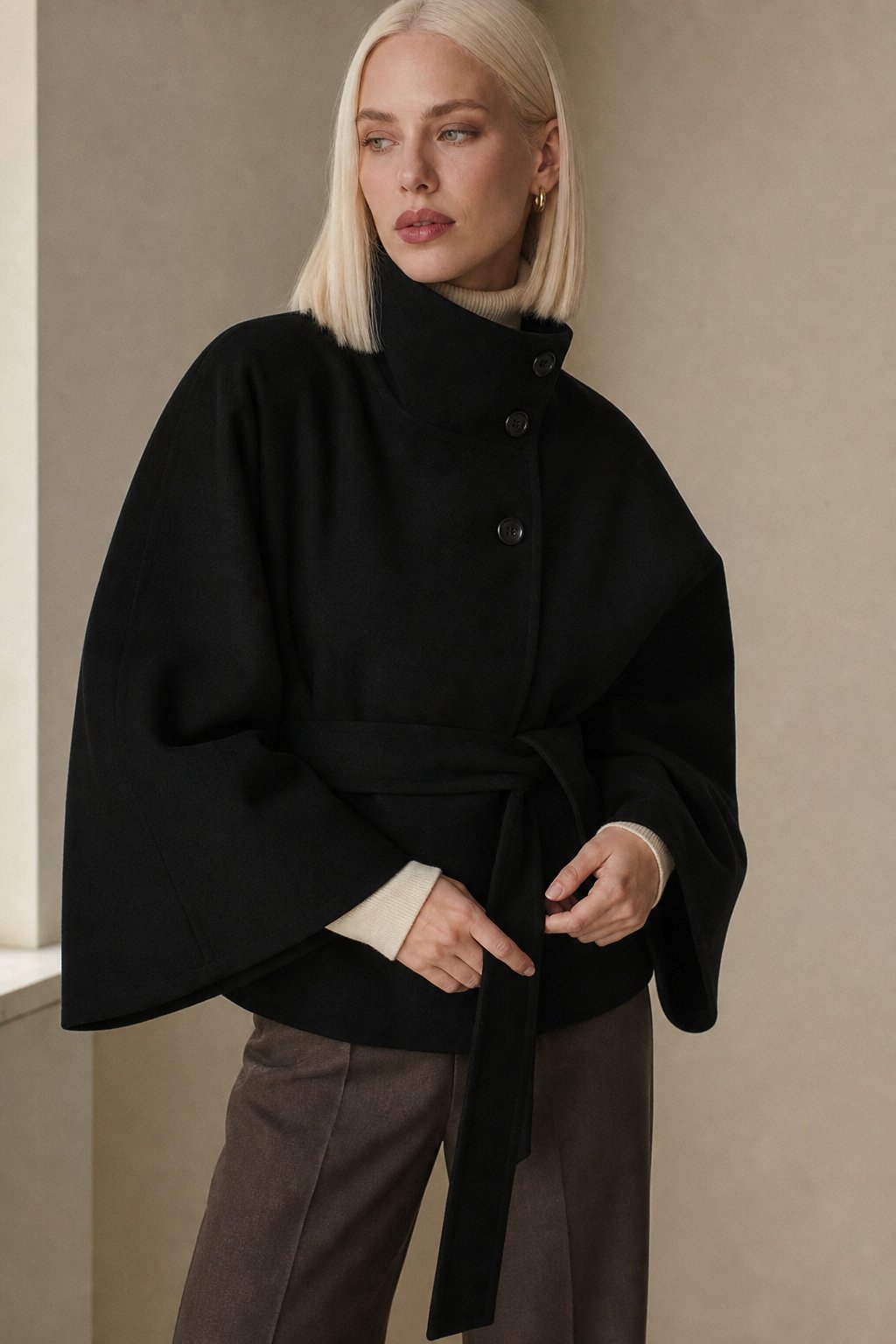 Leslie Womens Wool Blend Cape Coat with Belted Waist in Black