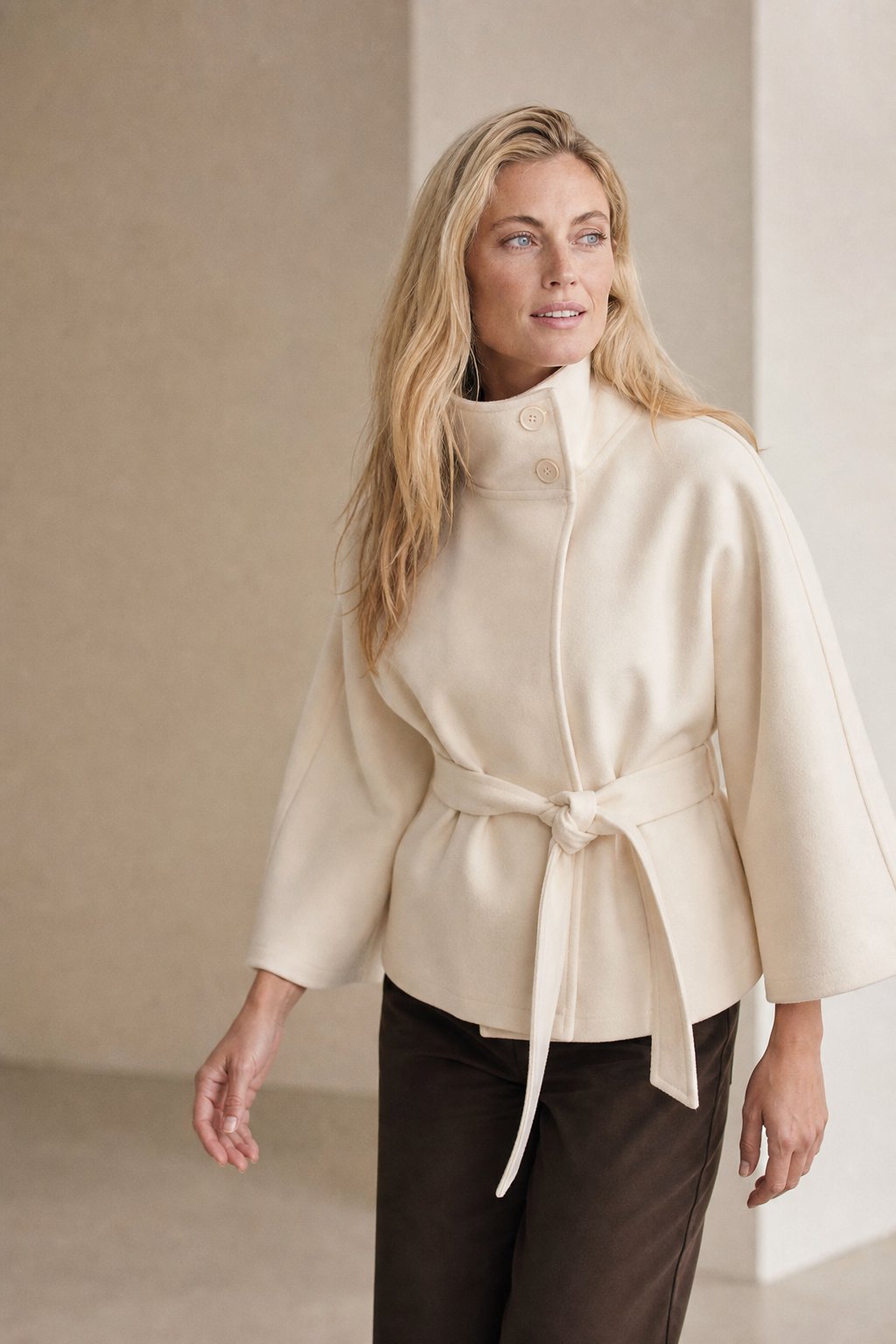 Leslie Womens Wool Blend Cape Coat with Belted Waist in White