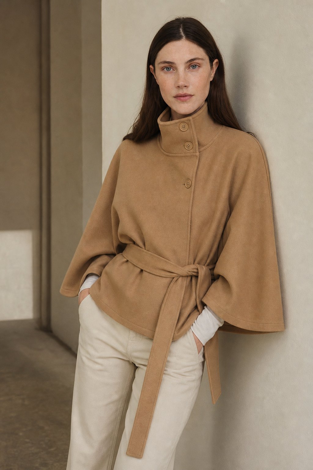 Leslie Womens Wool Blend Cape Coat with Belted Waist