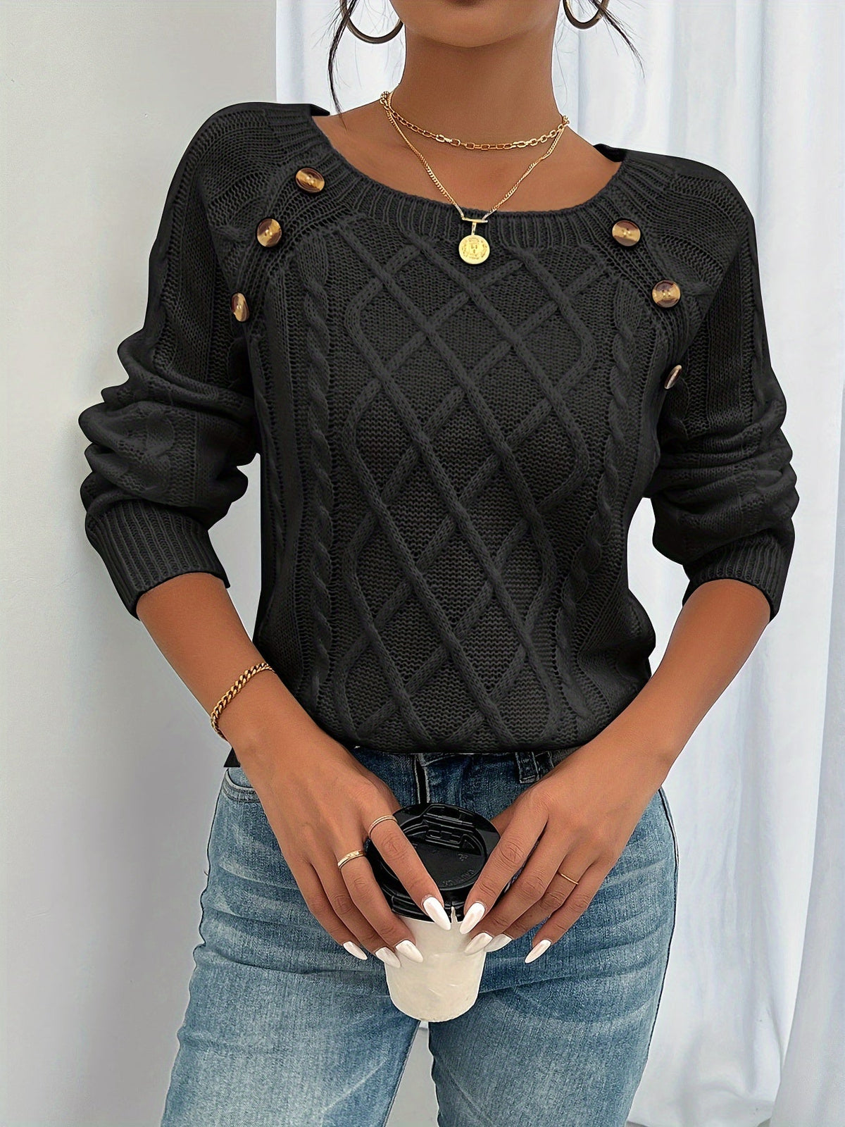Odaline | Women's Cable Knit Pullover Sweater — Diamond-Texture Crew Neck with Button Shoulder | Westmere