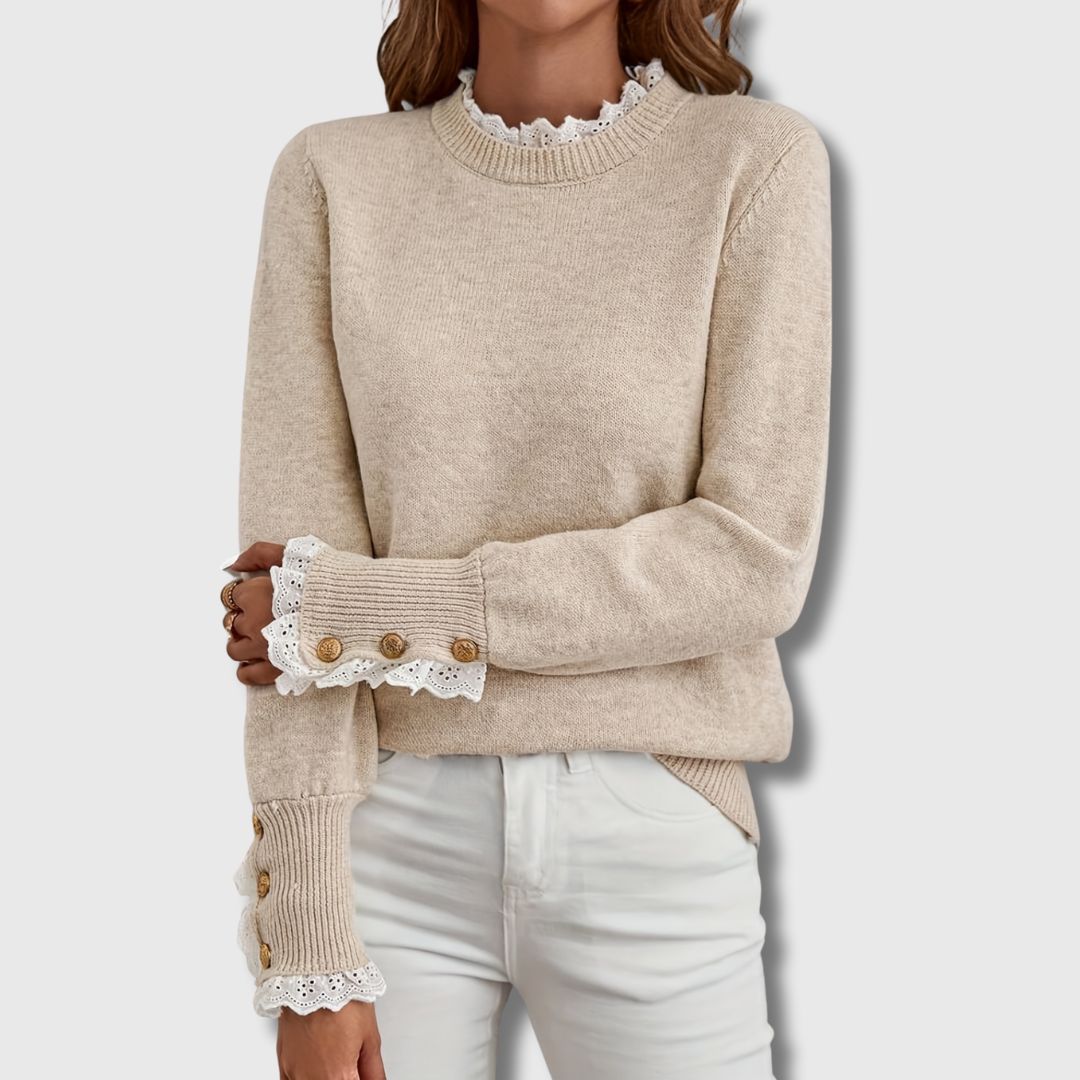 Odalys | Women's Lace Trim Knit Pullover Sweater — Apricot Crew Neck with Gold Button Cuffs | Westmere
