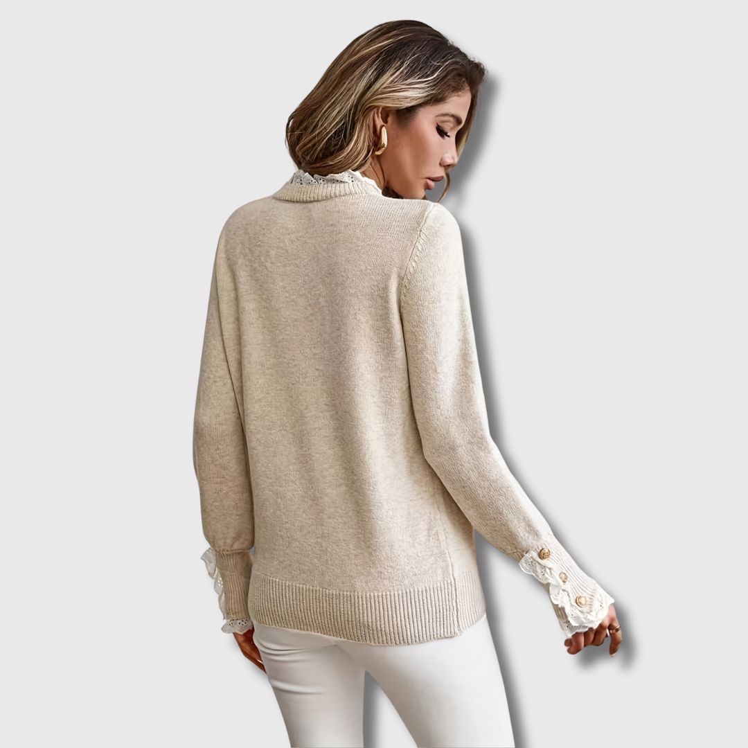 Odalys | Women's Lace Trim Knit Pullover Sweater — Apricot Crew Neck with Gold Button Cuffs | Westmere