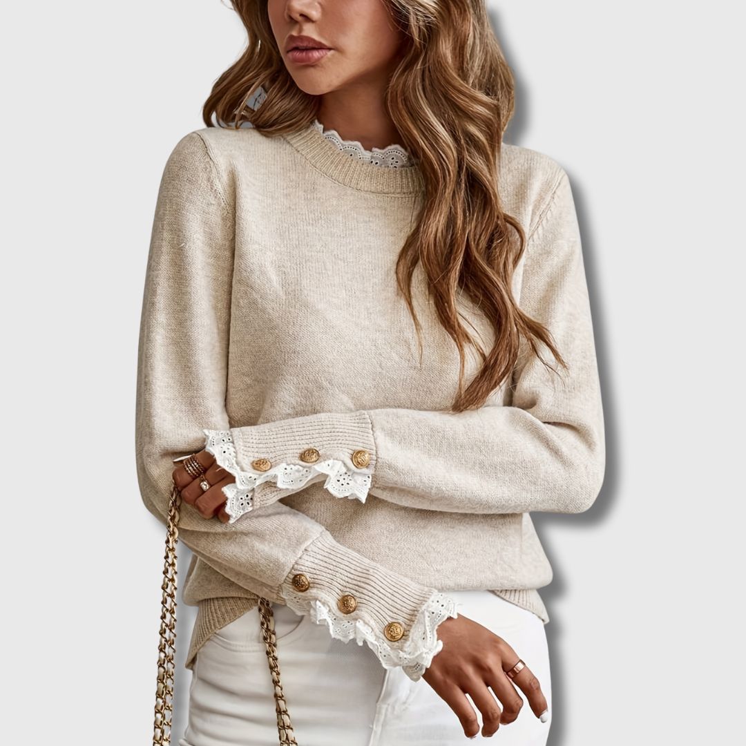 Odalys | Women's Lace Trim Knit Pullover Sweater — Apricot Crew Neck with Gold Button Cuffs | Westmere