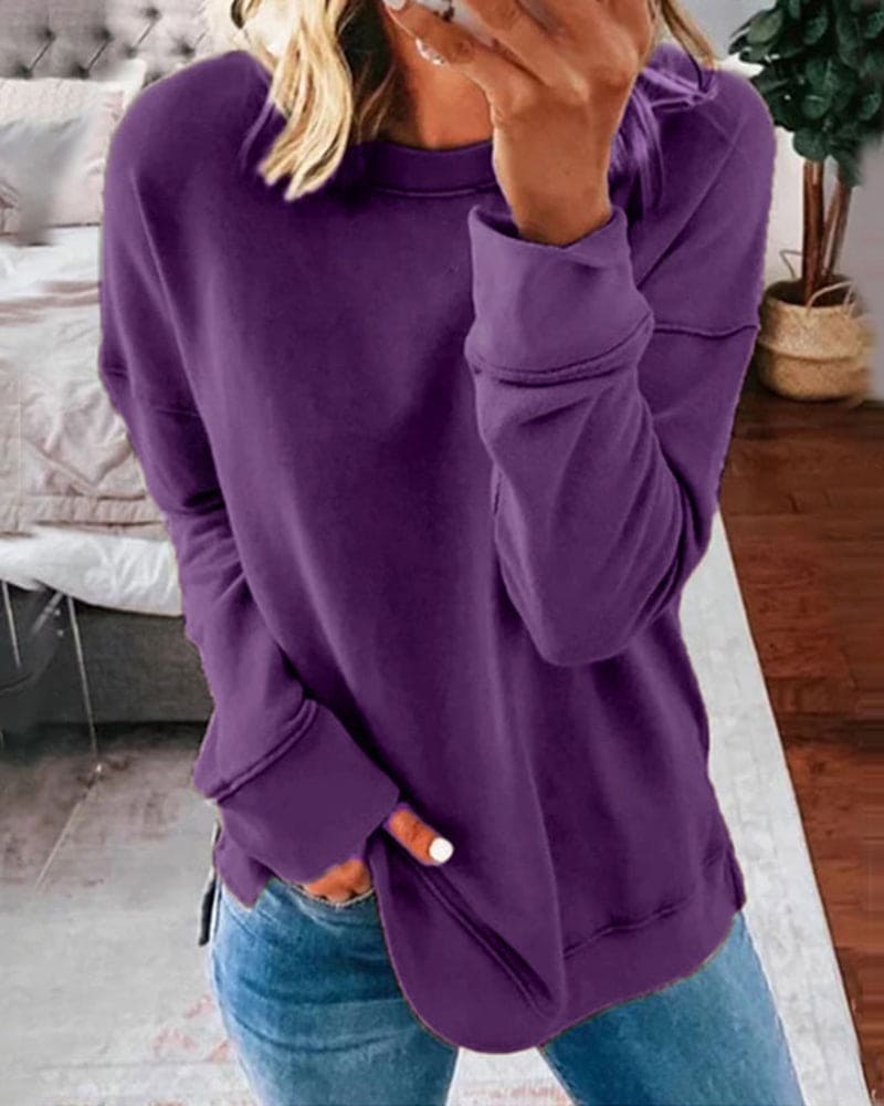 Women's Relaxed Crew-Neck Sweatshirt, Side-Slit Hem | Soft Fleece-Feel, Classic Layer | 11 Colorways | S–5XL