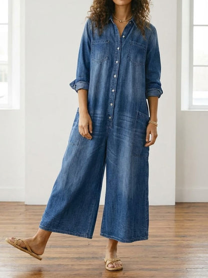 Ariana™ | Vintage Washed Soft Cotton Denim Jumpsuit with Button Closure