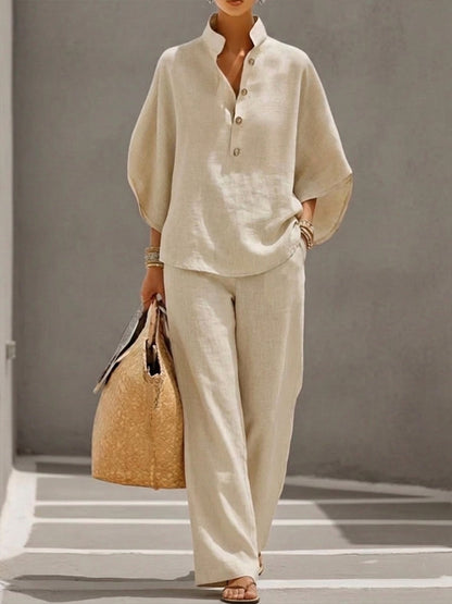 Nelly™ | Cotton Linen Batwing Sleeve Wide Leg Pants Set