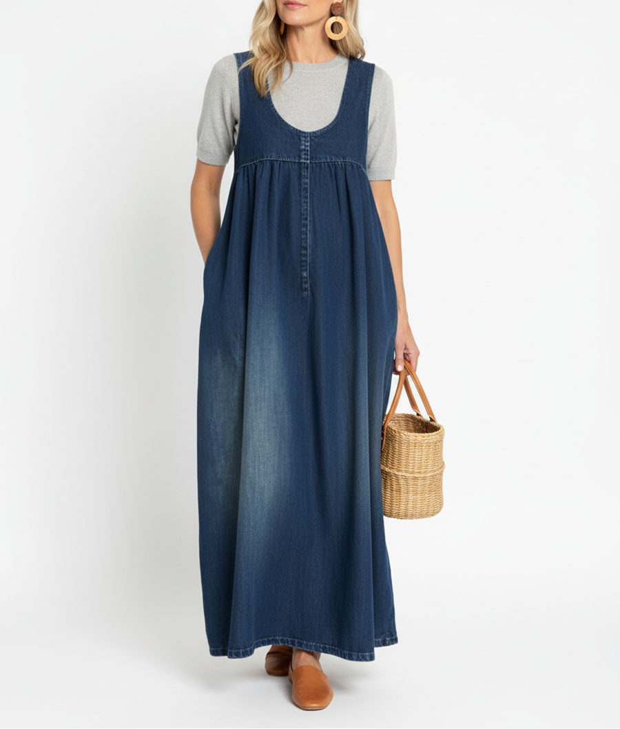 Miranda™ | Vintage Washed Soft Cotton Feel Denim Maxi Dress