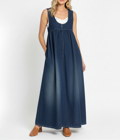 Miranda™ | Vintage Washed Soft Cotton Feel Denim Maxi Dress