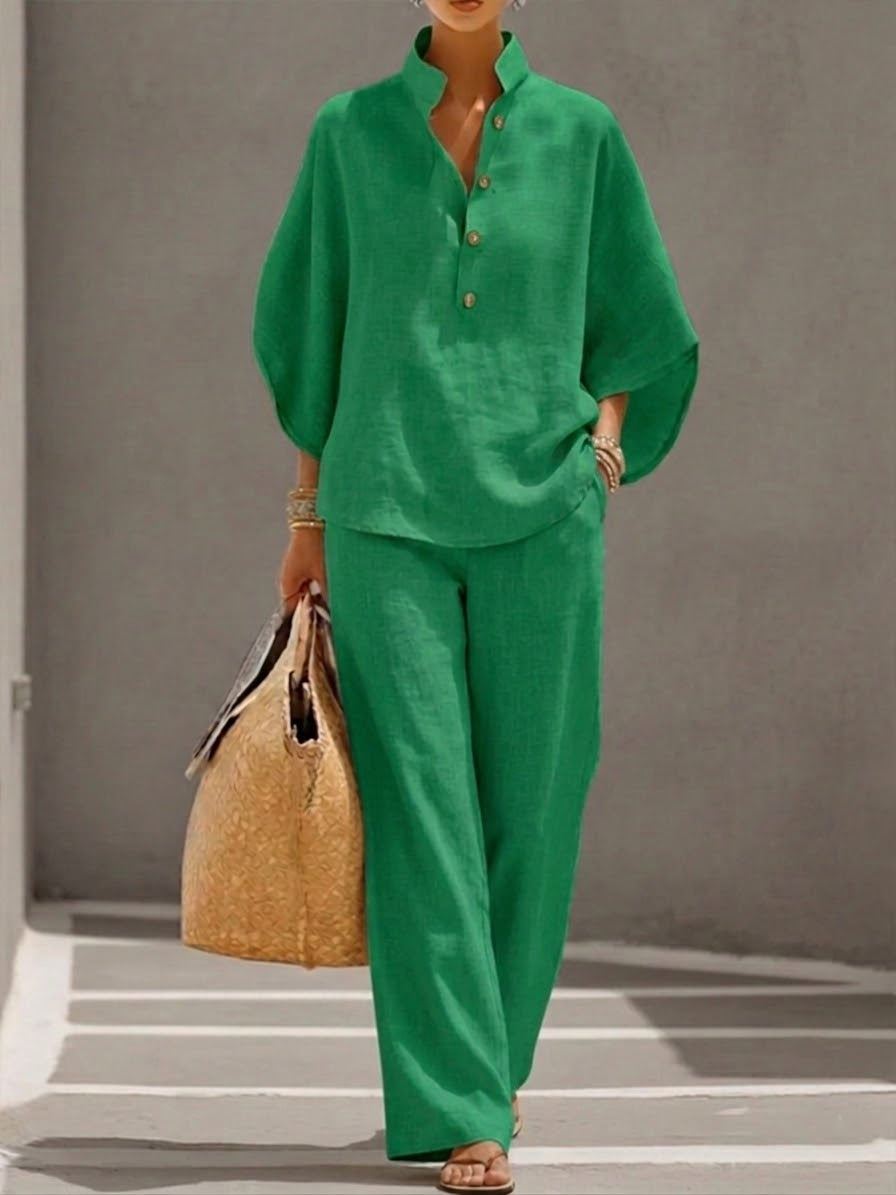 Nelly™ | Cotton Linen Batwing Sleeve Wide Leg Pants Set