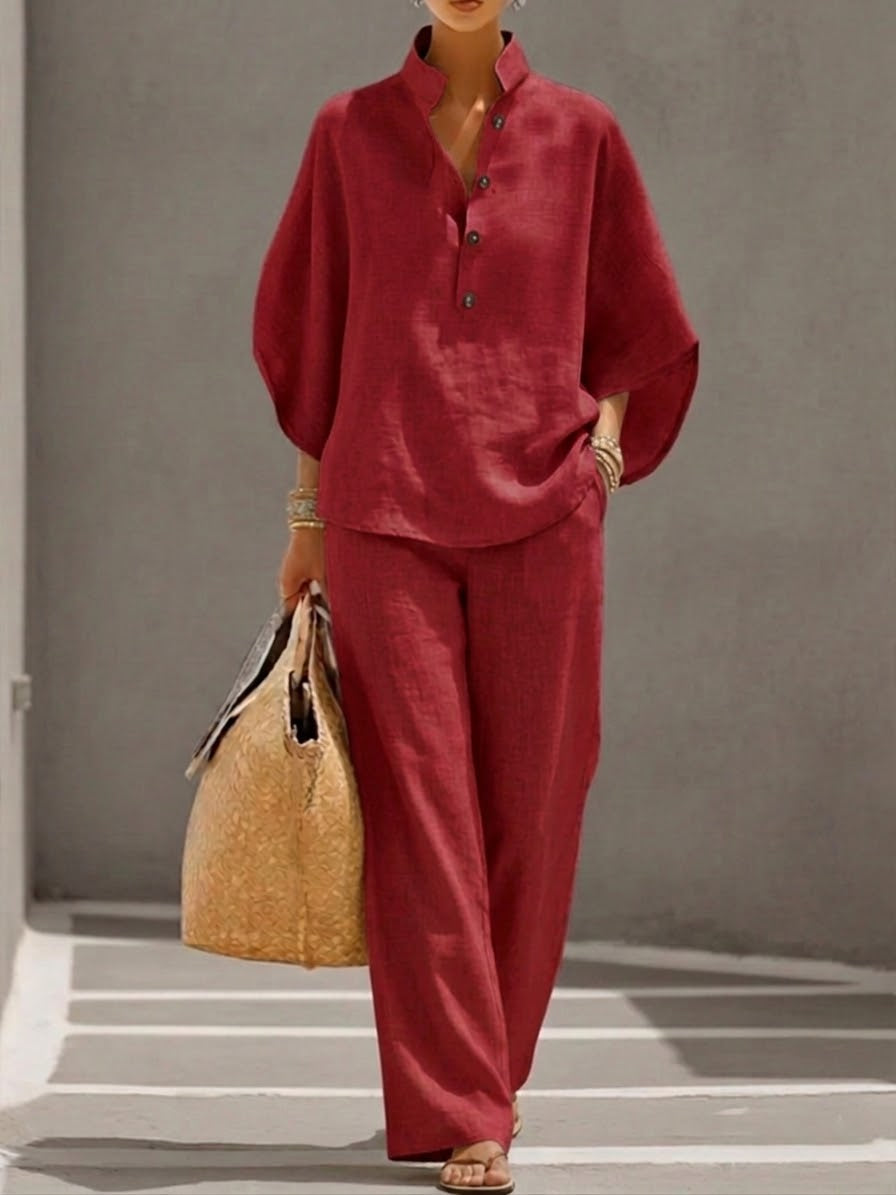 Nelly™ | Cotton Linen Batwing Sleeve Wide Leg Pants Set