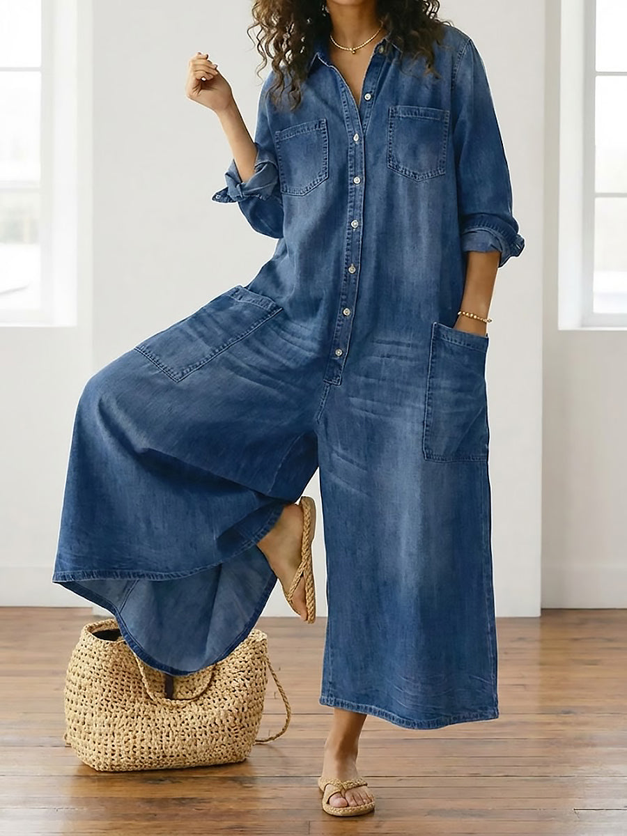 Ariana™ | Vintage Washed Soft Cotton Denim Jumpsuit with Button Closure