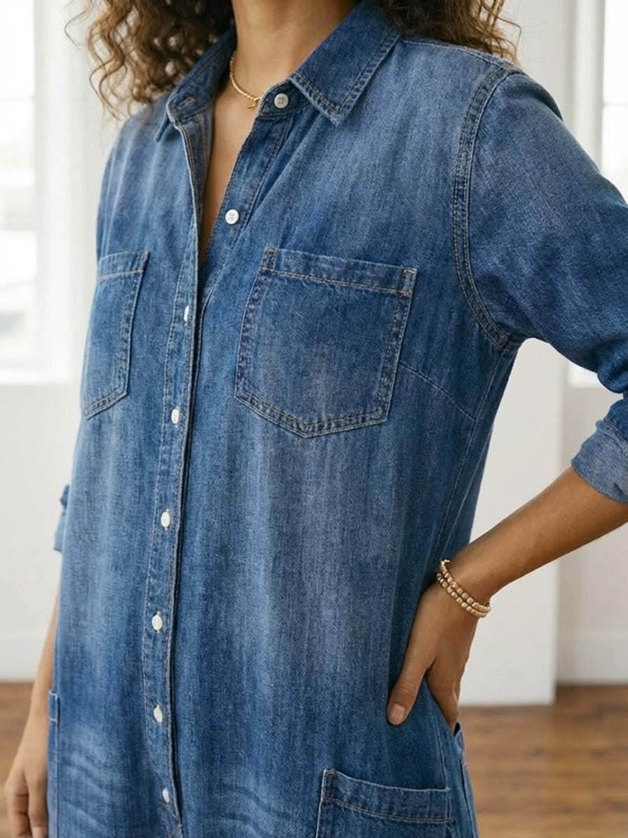 Ariana™ | Vintage Washed Soft Cotton Denim Jumpsuit with Button Closure