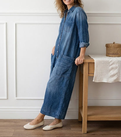 Ariana™ | Vintage Washed Soft Cotton Denim Jumpsuit with Button Closure