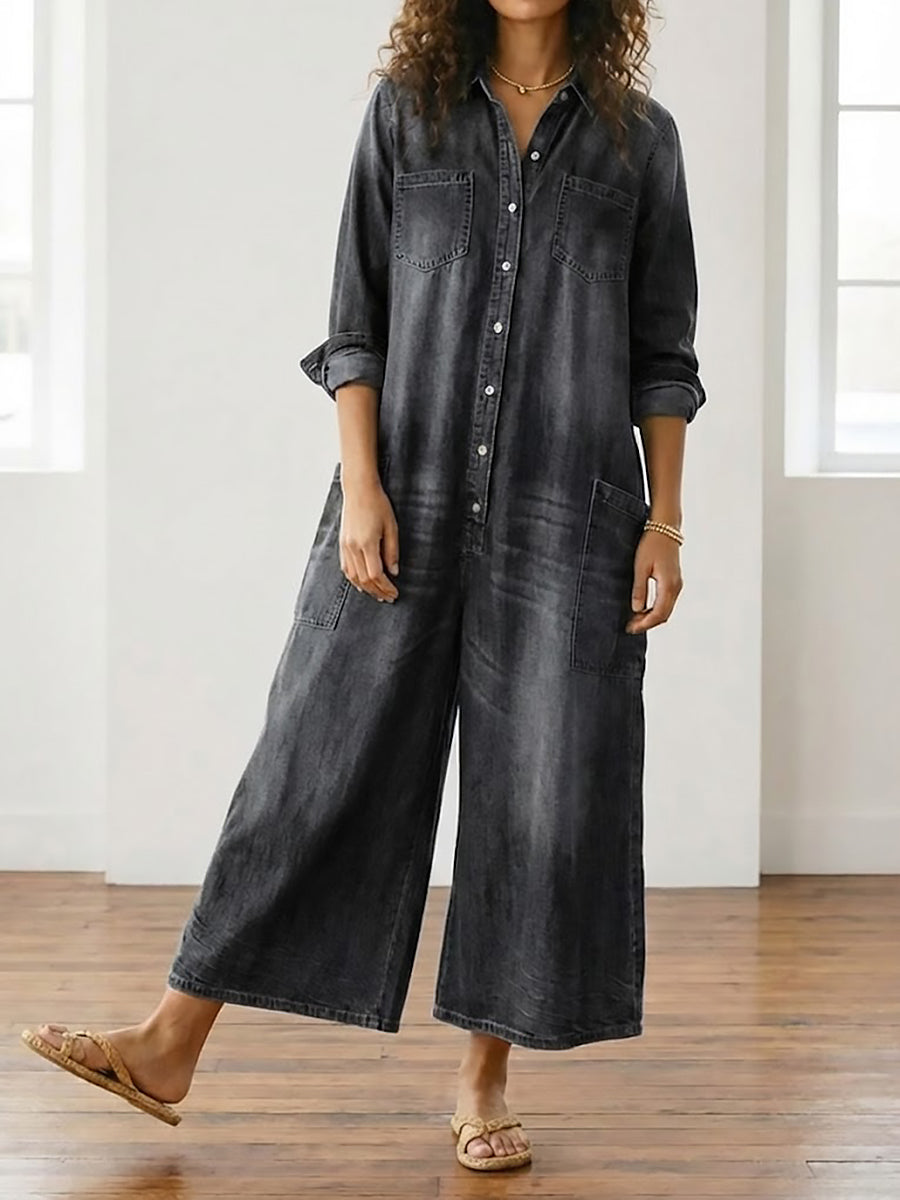 Ariana™ | Vintage Washed Soft Cotton Denim Jumpsuit with Button Closure