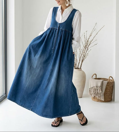 Miranda™ | Vintage Washed Soft Cotton Feel Denim Maxi Dress