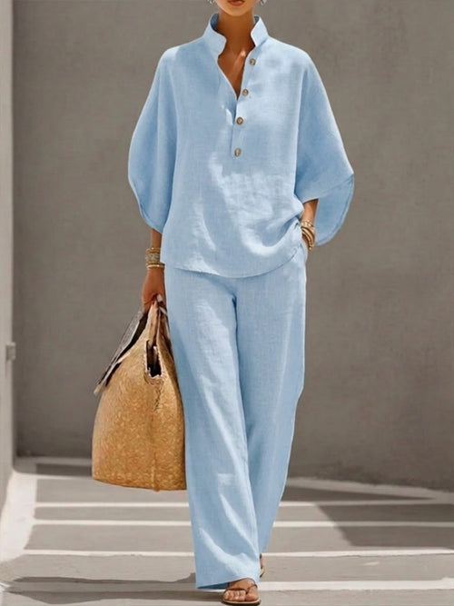 Nelly™ | Cotton Linen Batwing Sleeve Wide Leg Pants Set