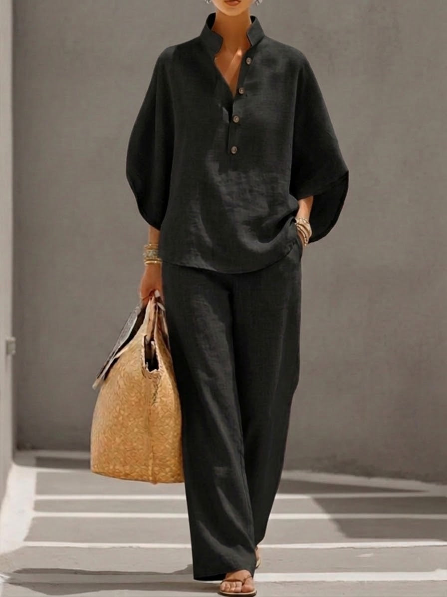 Nelly™ | Cotton Linen Batwing Sleeve Wide Leg Pants Set