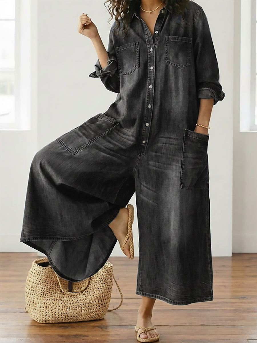 Ariana™ | Vintage Washed Soft Cotton Denim Jumpsuit with Button Closure