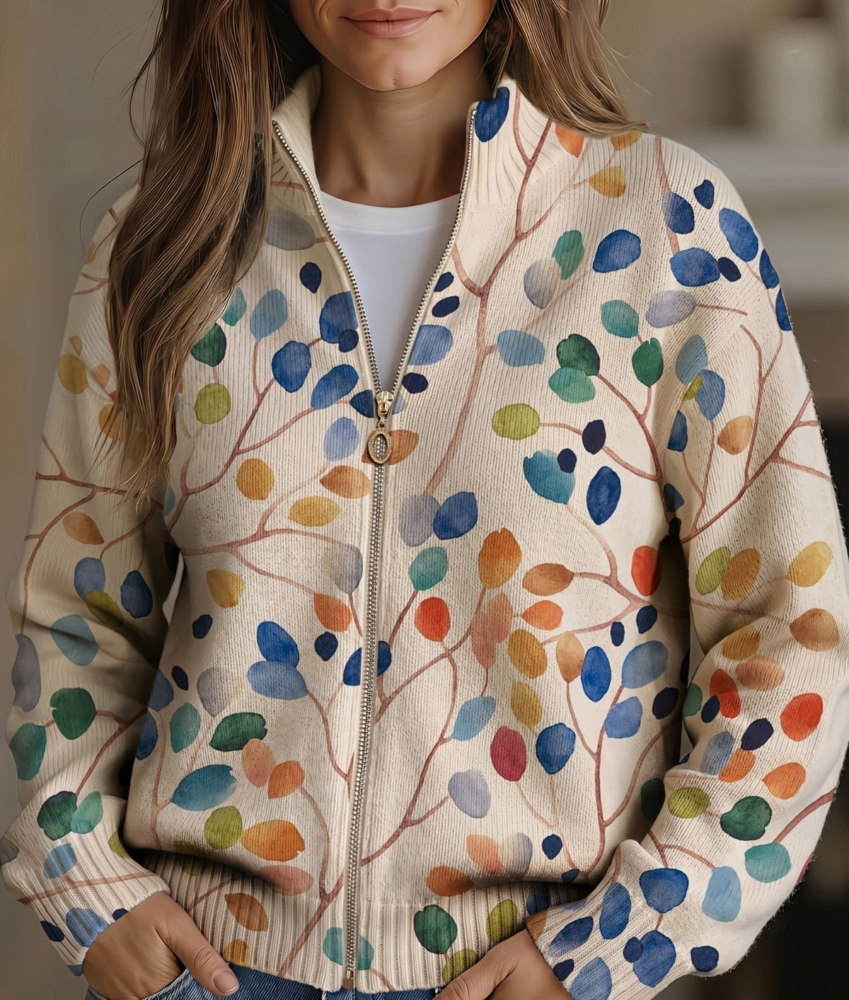 Orvella | Women's Botanical Print Zip-Up Cardigan — Watercolor Leaf Ribbed Knit with Mock Neck | Westmere