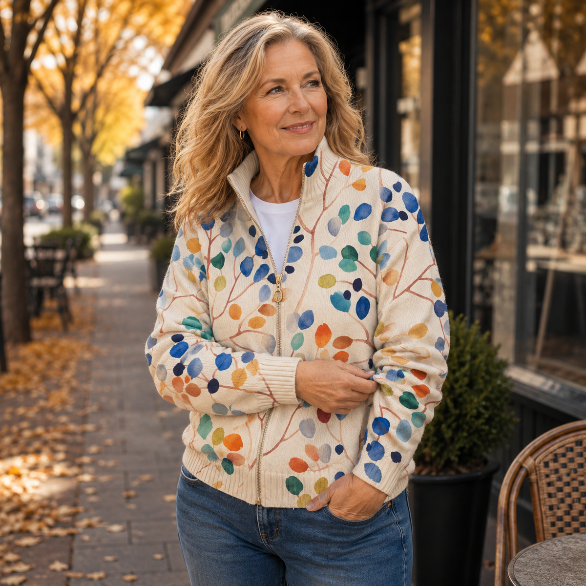 Orvella | Women's Botanical Print Zip-Up Cardigan — Watercolor Leaf Ribbed Knit with Mock Neck | Westmere